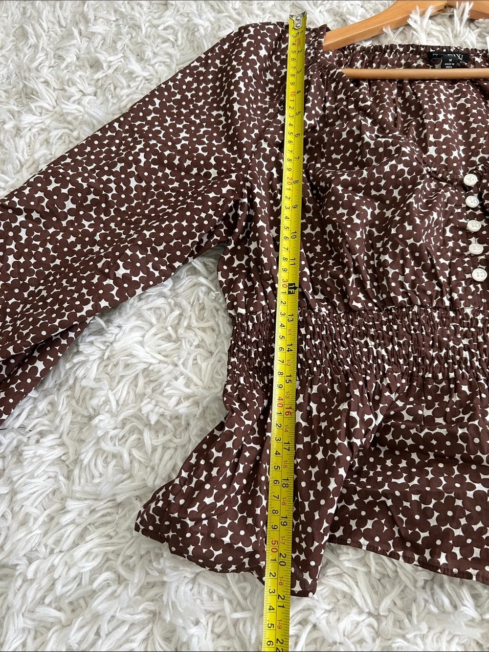 J. Crew Brown and White Printed Smocked Waist Blouse